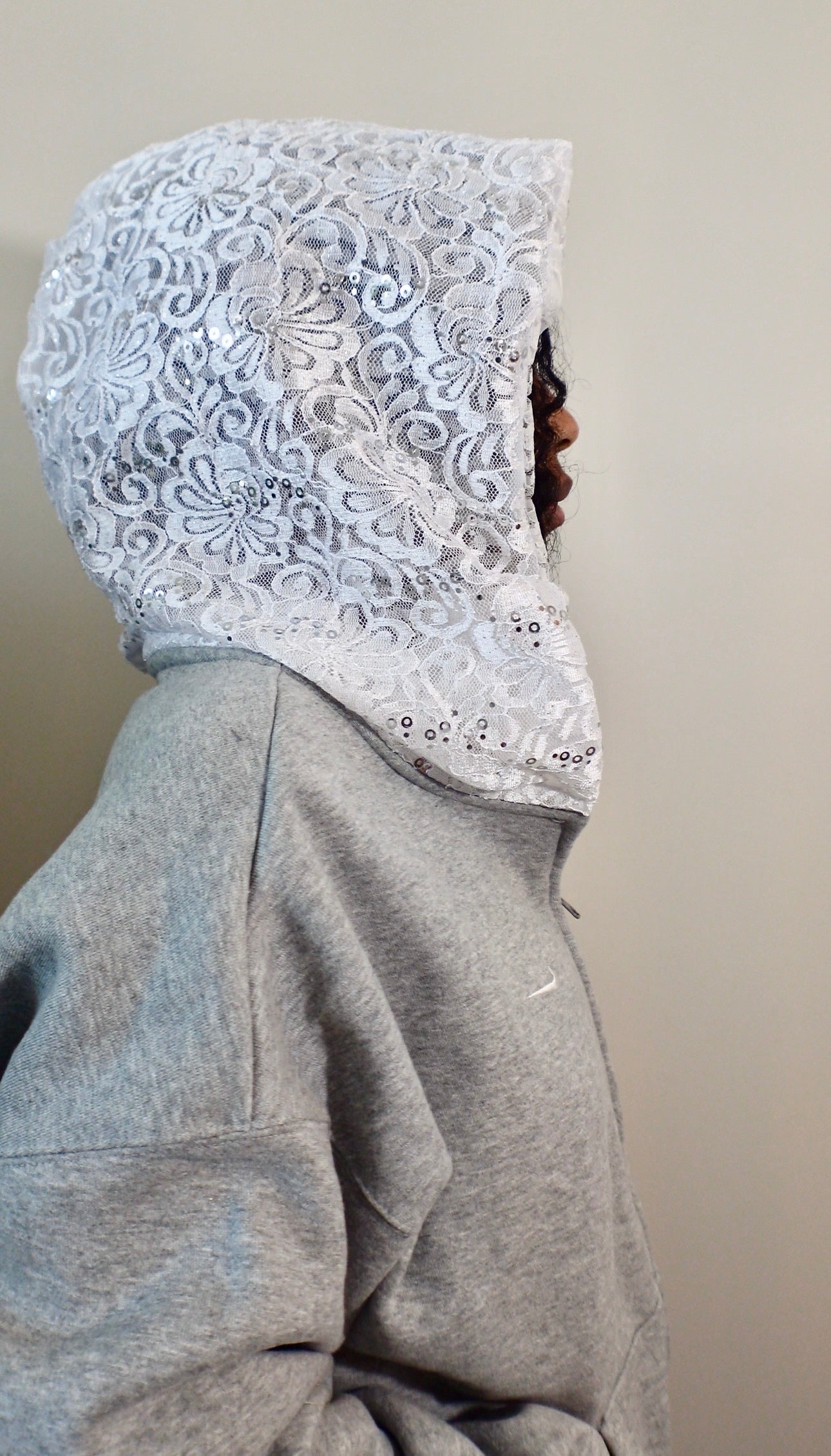 White Sequin Lace Hood